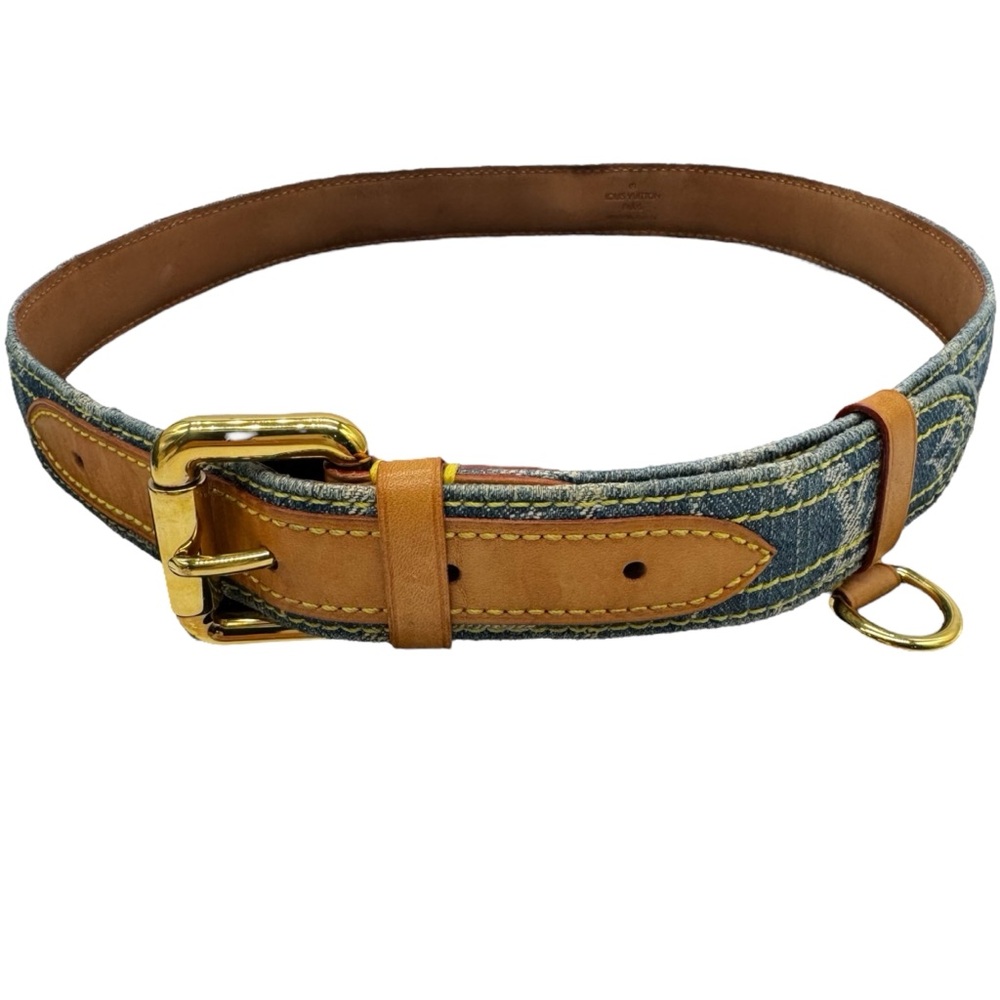 LOUIS VUITTON Blue Denim Monogram Leather Belt Size 80/32” Gentle Wear Women’s